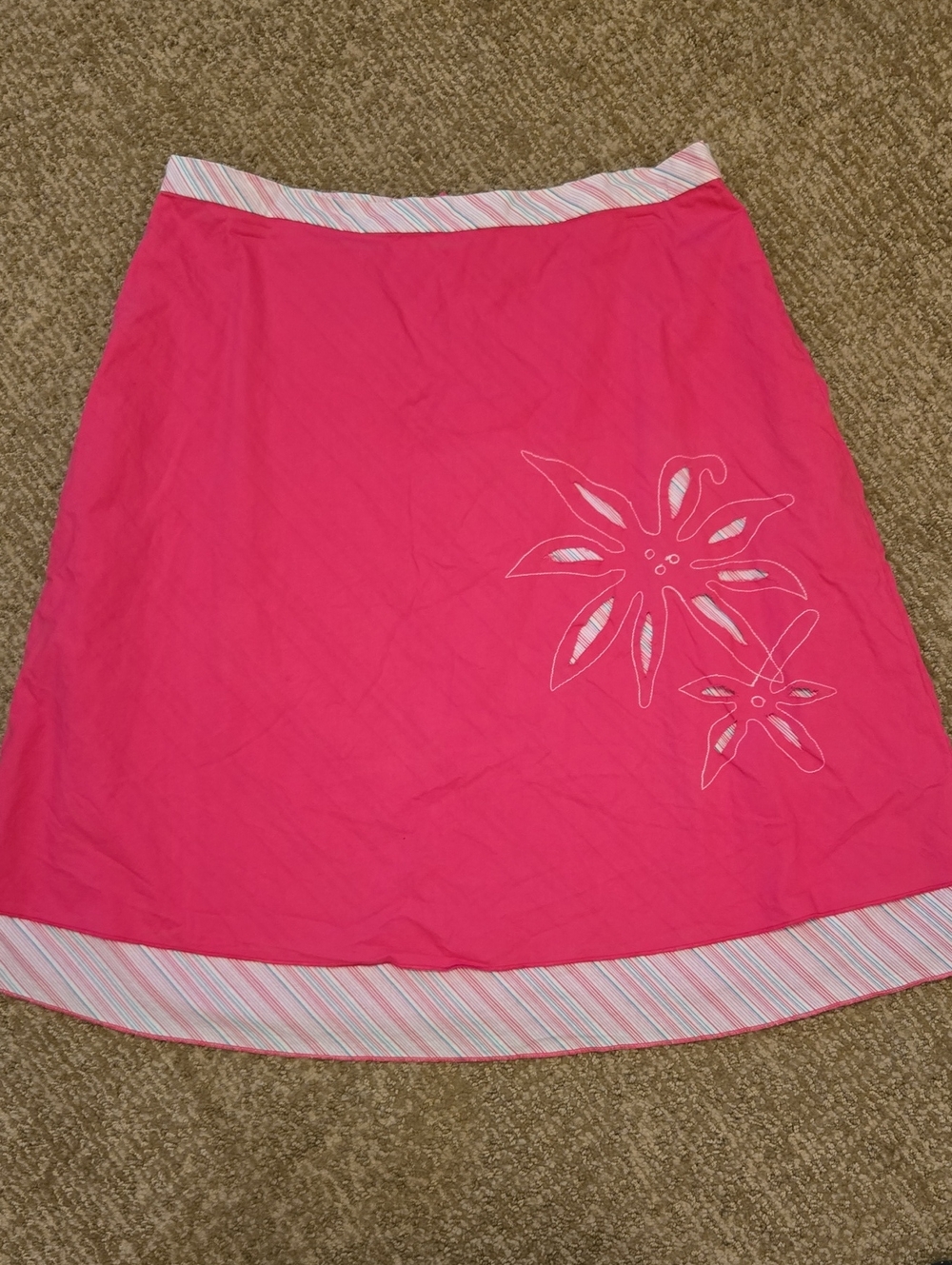 2/$20 Women’s Pink A-Line Skirt with Floral Embroidery, Striped Underlay